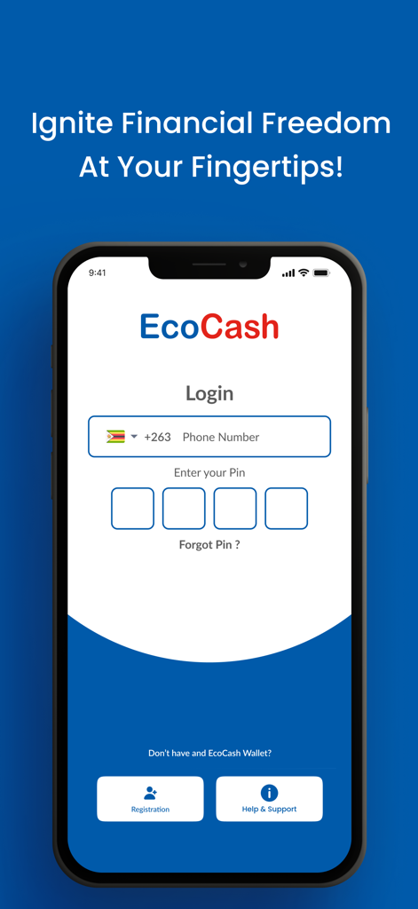 EcoCash Zimbabwe - EcoCash Zimbabwe mobile app login page with phone number and pin fields