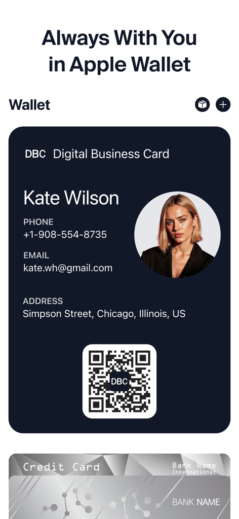 DBC: Digital Business Card - Cartão de visita digital DBC exibido na Apple Wallet com um código QR
