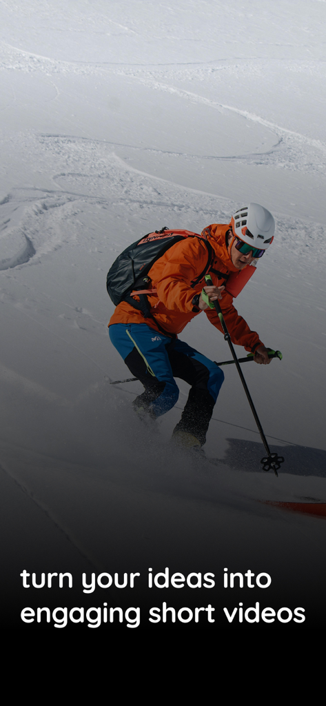 Una persona esquiando en una montaña nevada con un texto superpuesto: convierte tus ideas en videos cortos atractivos