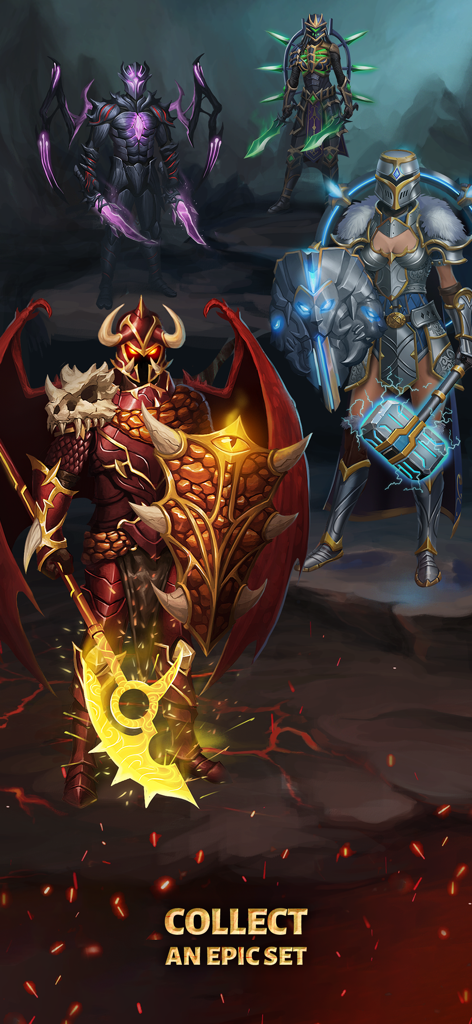 Age of Revenge: Card Based RPG - Four fantasy RPG characters in detailed epic armor sets with glowing weapons