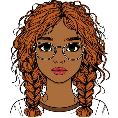 realistic girl with glasses and frizzy hair in braids