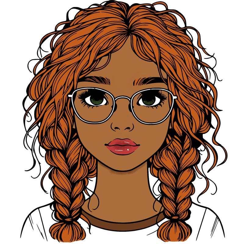 realistic girl with glasses and frizzy hair in braids