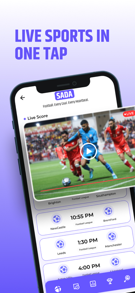 Sada Football - Live Today - Tela do aplicativo Sada Futebol exibindo placares ao vivo e próximos jogos de futebol