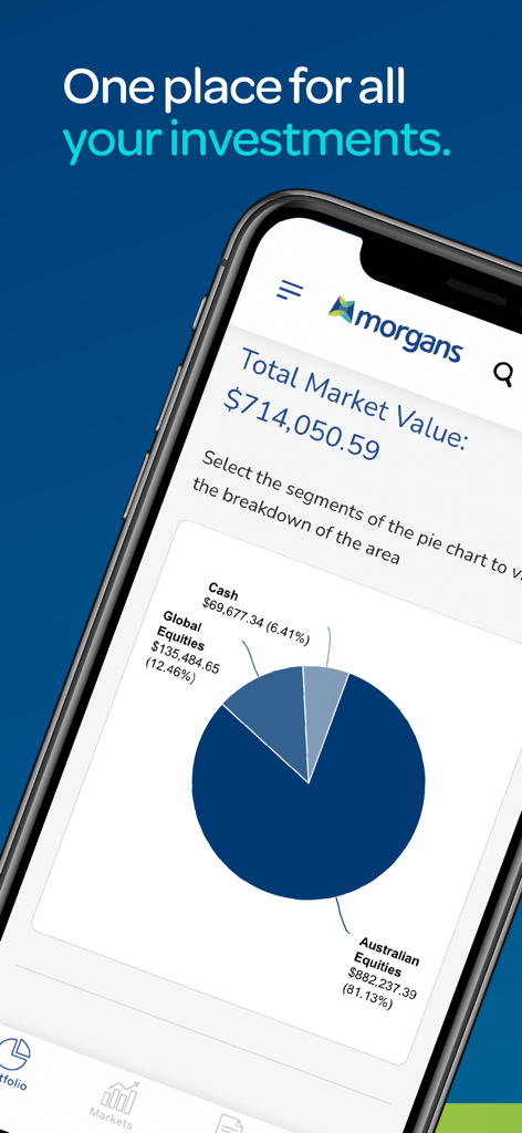 Morgans Financial Limited - Morgans Financial Limited app dashboard displaying total market value and portfolio asset allocation