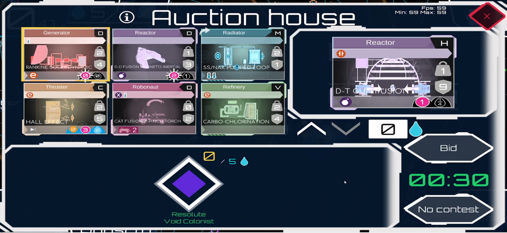 Auction house interface in the High Frontier 4 All app showing space technology patents and a bidding timer.
