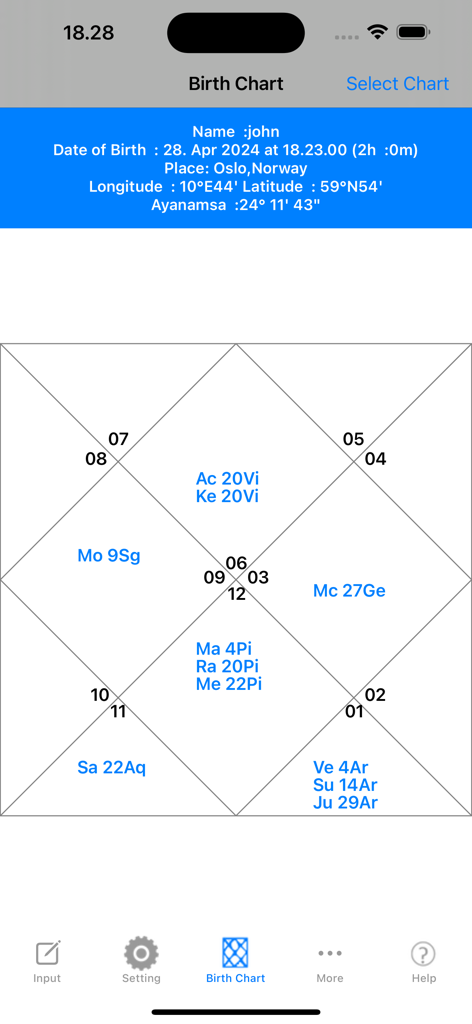iHoroscope Vedic - A technical North Indian style Vedic birth chart showing planetary positions and house numbers for a profile named John.