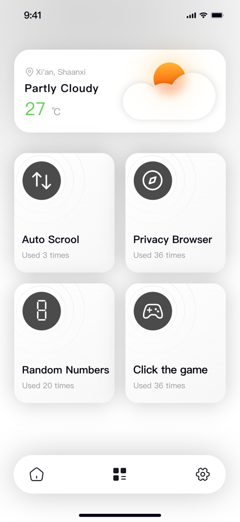 Auto Clicker - Tap Assistant - Panel principal de la aplicación Auto Clicker Tap Assistant mostrando tarjetas de funciones para Auto Scroll, Navegador Privado, Números Aleatorios y Clics en Juegos