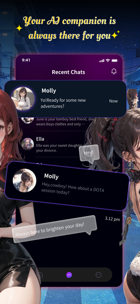 RushChat AI-Role Play AI Chat - RushChat AI app interface showing recent chats with multiple anime style AI companions.