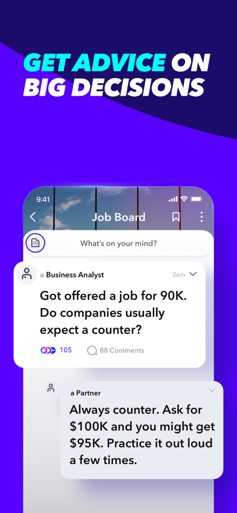 Fishbowl: Professional Network - Screenshot of Fishbowl app showing a business analyst getting salary negotiation advice from a partner