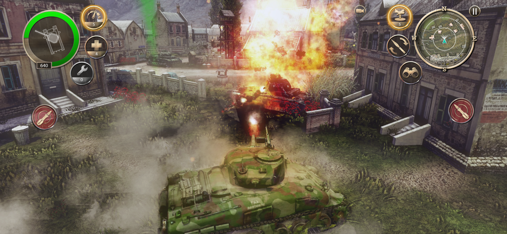 Infinite Tanks WWII - Gameplay screenshot of Infinite Tanks WWII showing a camouflage tank in a town battle with a large explosion in the background.