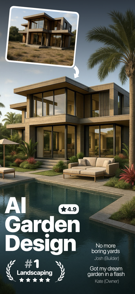 Landscape AI: AI Garden Design - Transformação de design de jardim com IA mostrando uma casa moderna com piscina e paisagismo exuberante