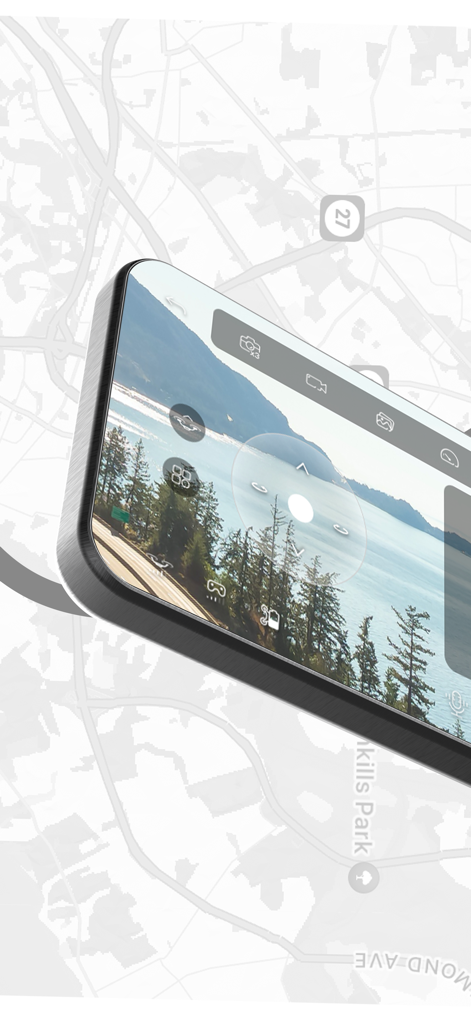 AMETA Drone - Smartphone displaying the AMETA Drone control app with flight icons and a scenic mountain lake background