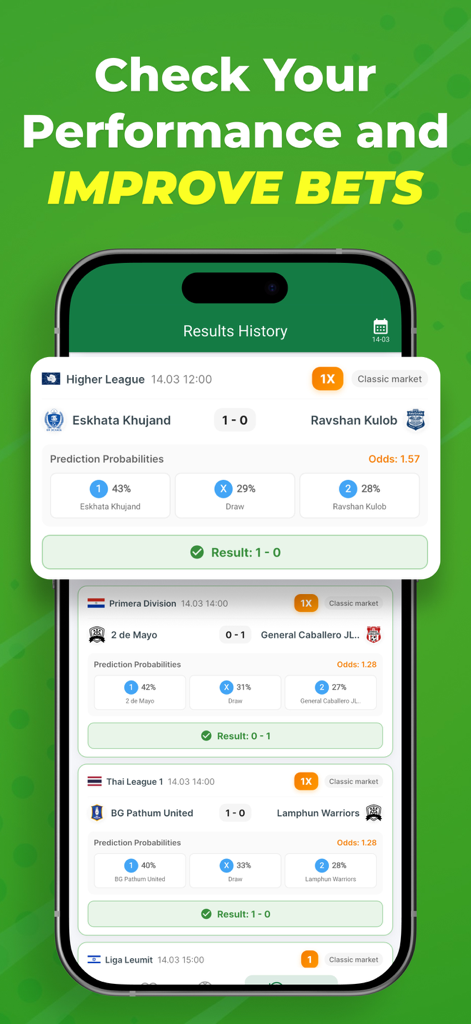 BetGPT mobile app screenshot showing football betting results history and prediction probabilities