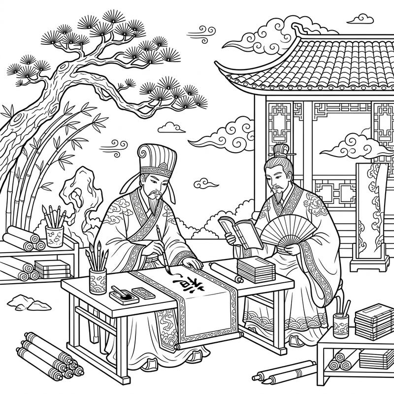 Immerse yourself in the rich history of ancient China with this detailed coloring page featuring revered scholars engaged in calligraphy and study. Discover intricate cultural elements and bring these historical figures to life with your unique palette.
