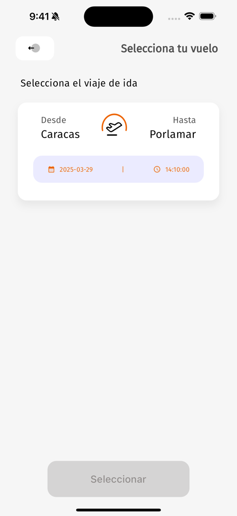 VCV APP - Flight selection screen in the VCV APP for a trip from Caracas to Porlamar