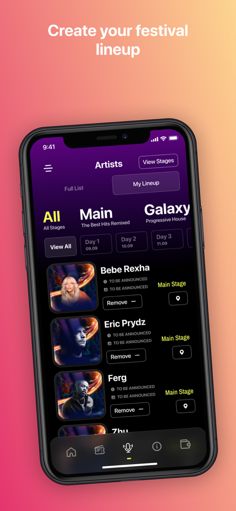 Untold - Untold Festival app screen showing the my lineup feature to create a personalized artist schedule