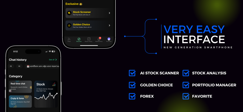 Duty Ai - Duty AI Mobile App-Oberfläche mit Fokus auf Aktienanalyse und KI-Scanning-Funktionen