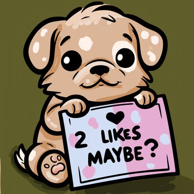 a puppy holding a sign that says 2 likes maybe?