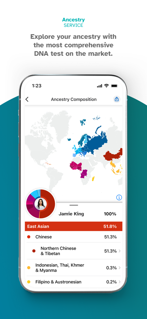 23andMe - DNA Testing - 23andMe app interface showing ancestry composition with a world map and genetic percentage breakdown