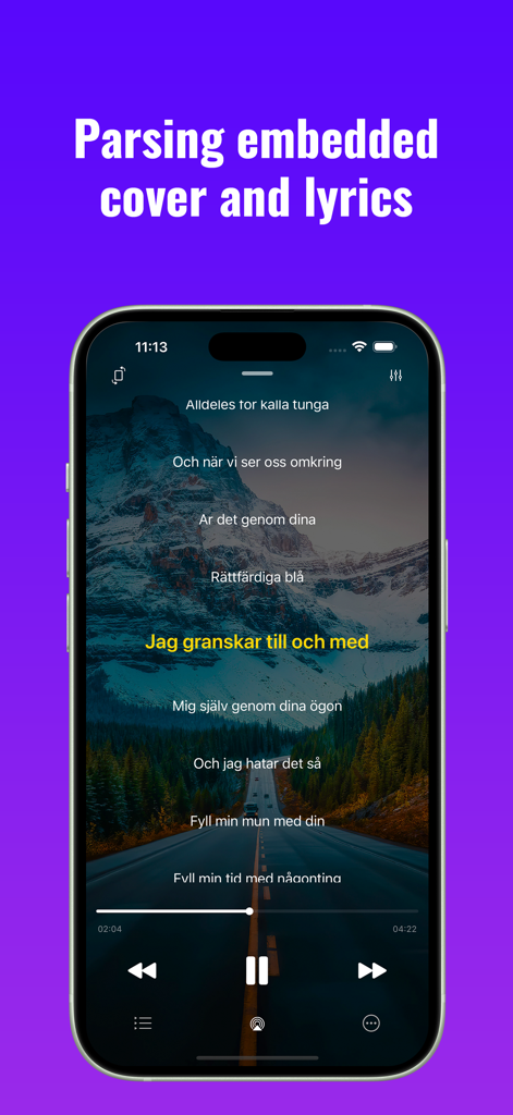 Wake Music：Offline Music - Smartphone displaying the Wake Music app player interface with synchronized lyrics and landscape artwork