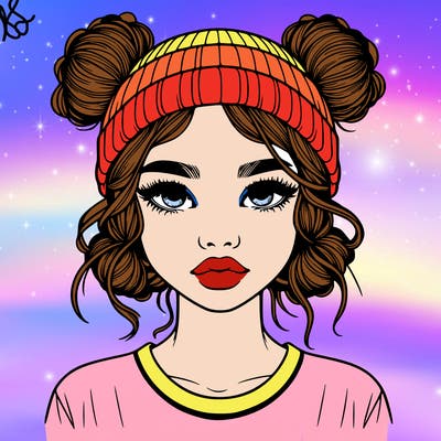 realistic girl with buns in her hair with a beanie on