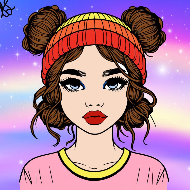 realistic girl with buns in her hair with a beanie on