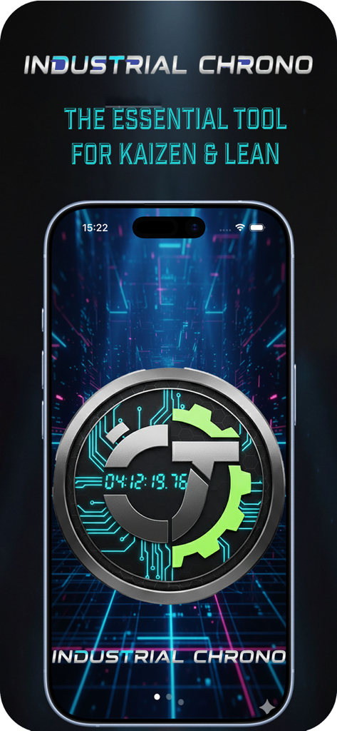 Pantalla de inicio de la aplicación Industrial Chronometer mostrando el lema La Herramienta Esencial para Kaizen y Lean