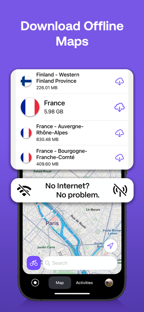 Magic Earth Navigation & Maps - Magic Earth app interface showing offline map download options for France and Finland with a No Internet No Problem message.