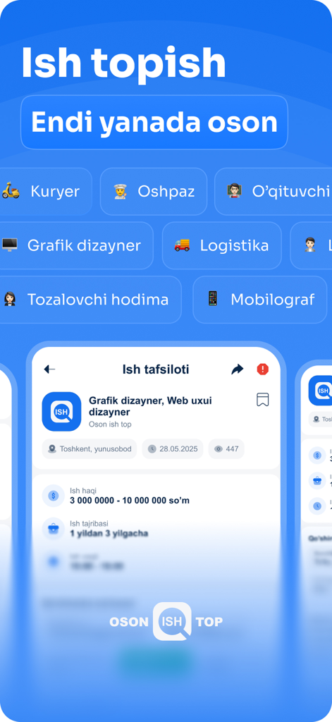 Oson Ish Top - Oson Ish Top mobile app interface showing job vacancy categories and search options in Uzbek