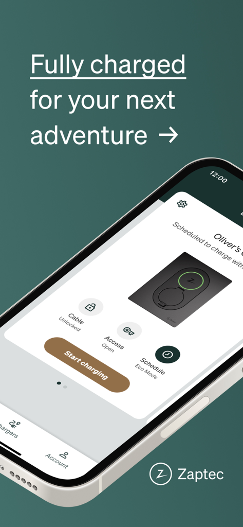 Zaptec - Zaptec mobile app interface on a smartphone showing electric vehicle charging status and a start charging button