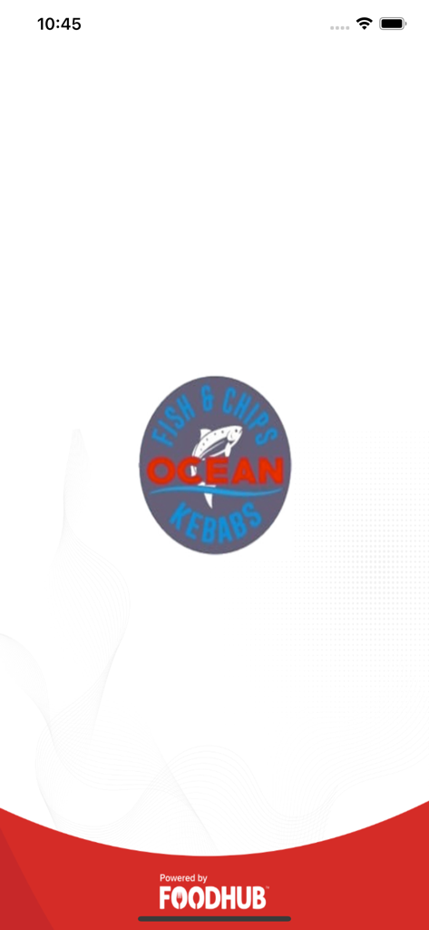 Ocean Fish & Chips And Kebab - Startbildschirm der mobilen App Ocean Fish and Chips und Kebab mit dem Restaurantlogo und dem Foodhub-Branding