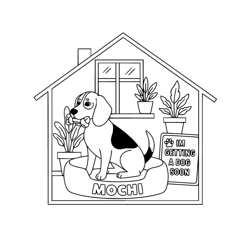 beagle in a house with a toy in his mouth the dog bed that the dogs sitting on put the name mochi on the cover the dog needs to have spots in it with a sign near the bed that says im getting a dog soon