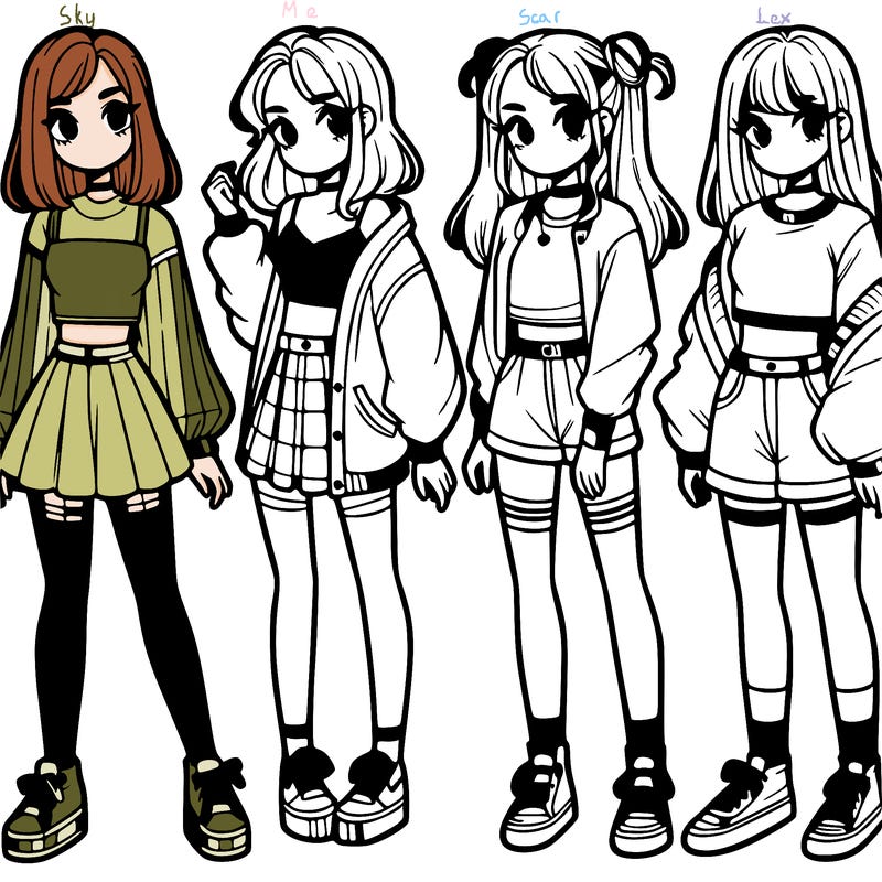 one girl with crop-top shirt and a jacket with a skirt, long socks and another girl with a shirt and pants with a jacket