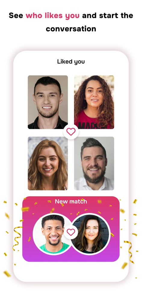 Muslimeet app interface displaying the Liked You section and a new match notification with profile photos and confetti.