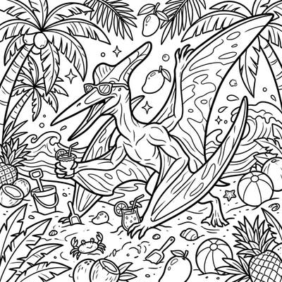 Get ready for a prehistoric party on the sand with this awesome Anhanguera summer vacation coloring page. Perfect for teens, this detailed scene combines ancient creatures with modern beach fun for hours of creative relaxation.