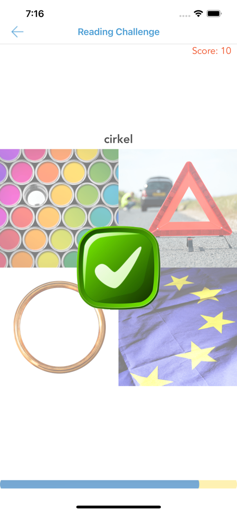 A reading challenge screen in the Danish for Beginners app showing a correct vocabulary answer with a green checkmark