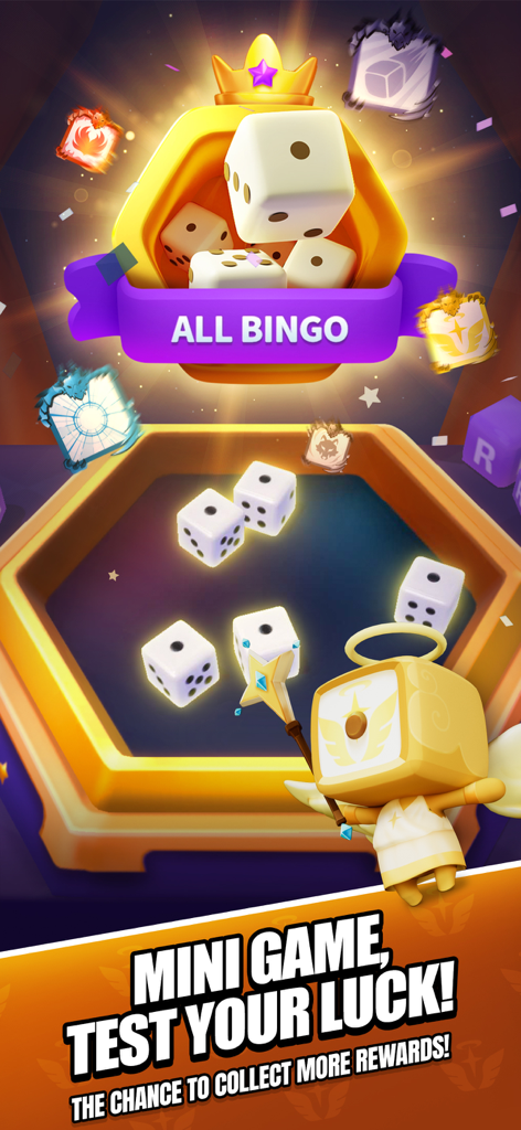 Uno screenshot del mini-gioco Tiradadi in Random Dice RollRoll che mostra i dadi che vengono tirati per ottenere ricompense e un jackpot Bingo Totale.