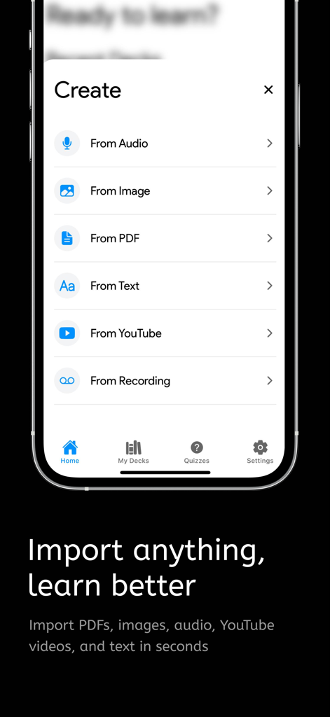 Cramly AI - Study Companion - Interface do aplicativo Cramly AI mostrando opções para importar materiais de estudo de áudio, imagens, PDFs, texto e YouTube