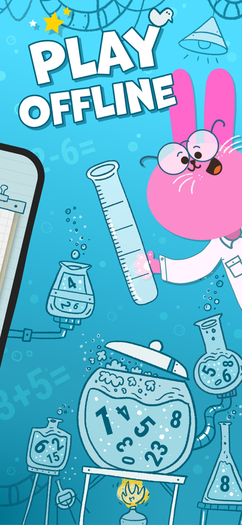 Multiplication facts Kids game - A cartoon pink bunny scientist in a math lab showing the offline play feature for the multiplication game.