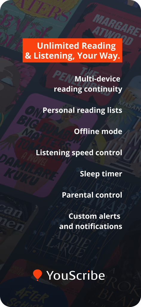 List of YouScribe app features including offline mode, multi-device continuity, and listening speed control over a background of book covers.