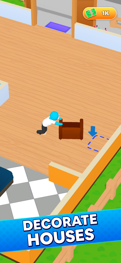 Be My Guest Landlord Sim 게임에서 방을 꾸미기 위해 안락의자를 옮기는 플레이어 캐릭터.