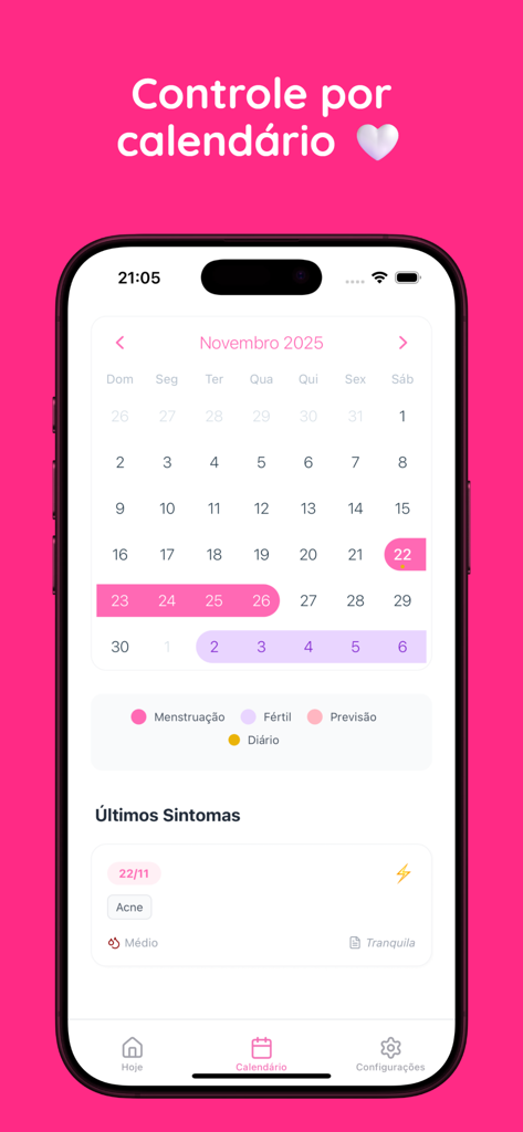 Ciclo Rosa - Ciclo Rosa app screenshot showing a pink monthly calendar for tracking menstrual cycles and symptoms.