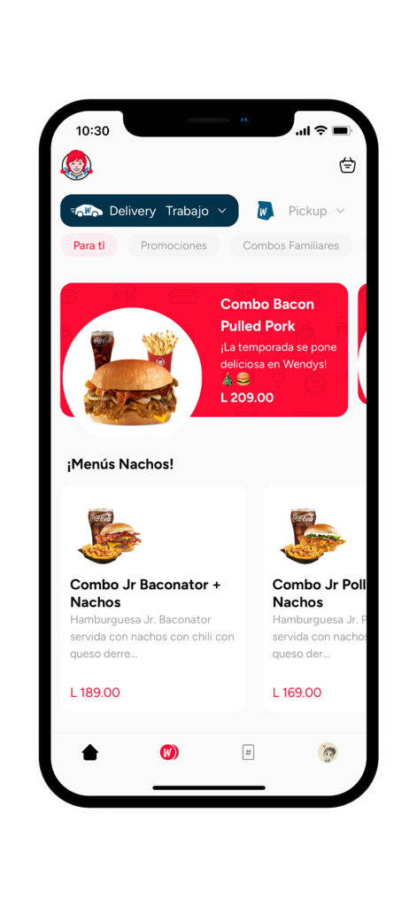 Wendy's Honduras - Wendy's Honduras mobile app home screen showing burger and nacho combo offers.