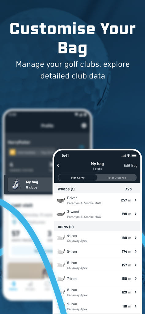 Toptracer Range - Interfaccia dell'app mobile Toptracer Range che mostra la gestione del sacco da golf e le statistiche di distanza di trasporto per driver, legni e ferri.