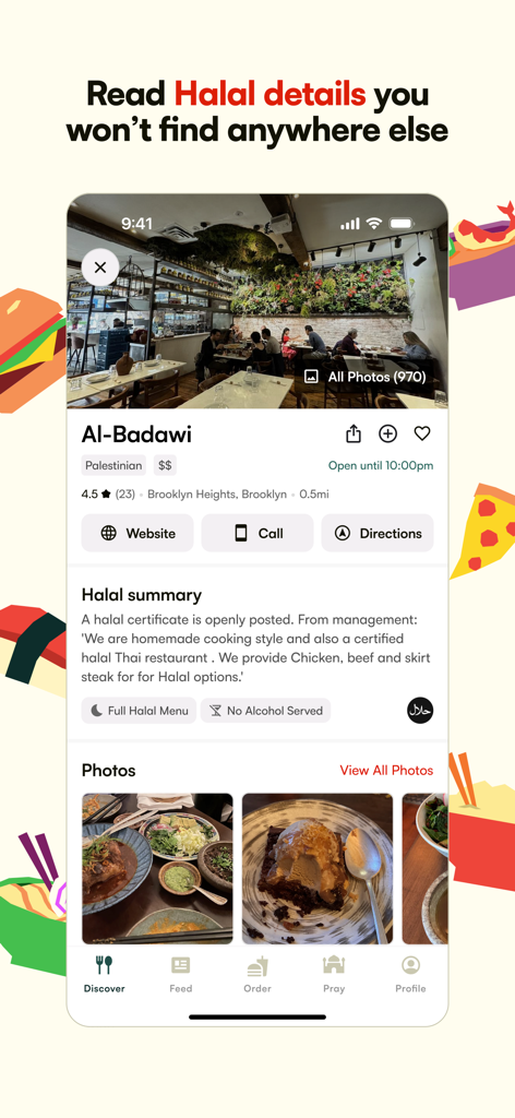 Zabihah app screenshot showing a restaurant profile for Al-Badawi with detailed halal information and food photos