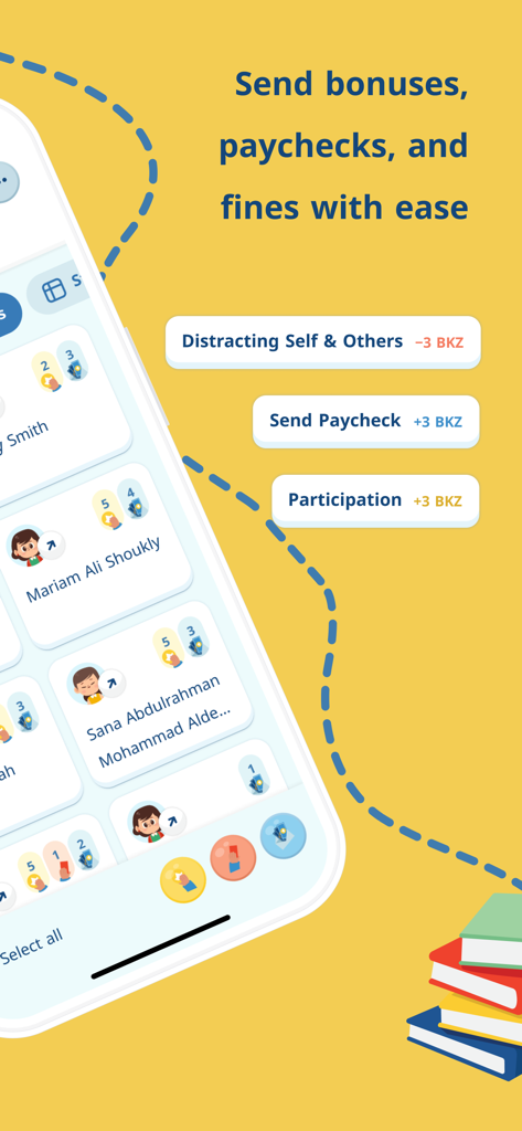 Bankee - Interface of the Bankee app displaying options for teachers to send virtual currency bonuses, paychecks, and fines to elementary students for classroom management.