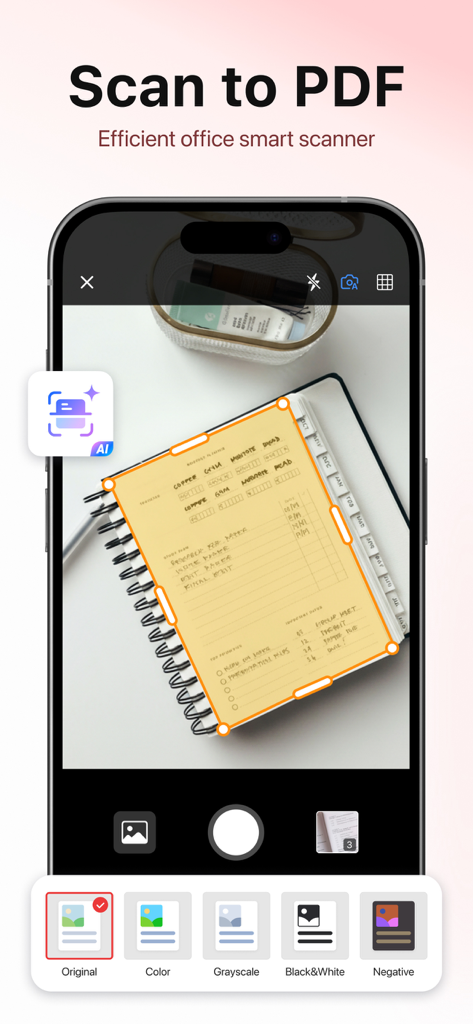 PDF Reader - Editor & Scanner - Interface d'application mobile montrant la fonction de numérisation intelligente vers PDF avec détection automatique des bords par IA capturant un bloc-notes