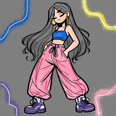 girl in baggy pants crop top and long hair