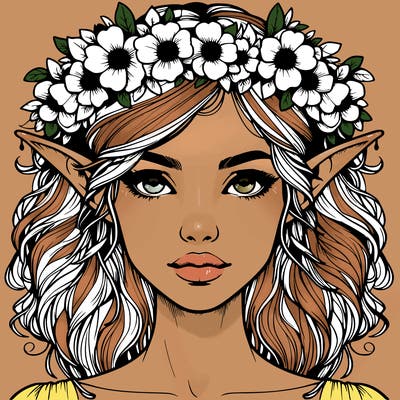 realistic female elf with flower crown
