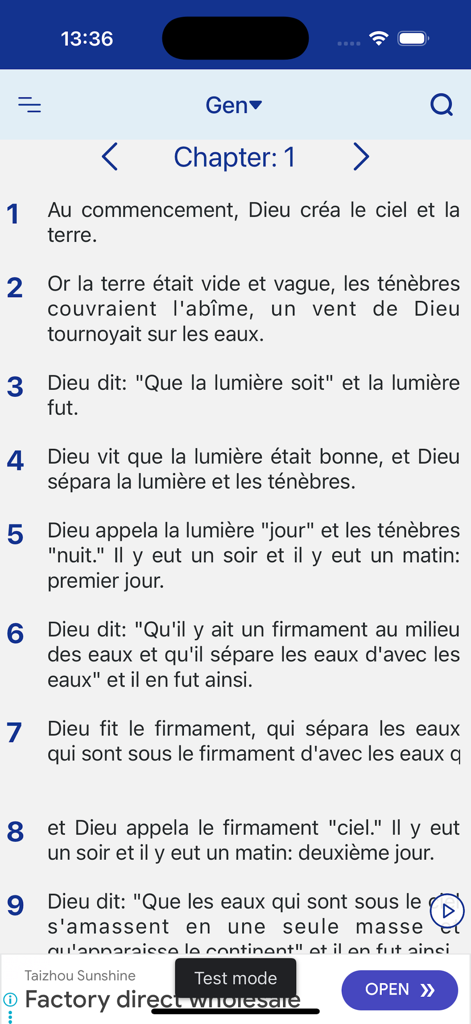 La Bible de Jérusalem - A reading screen of the French Bible de Jerusalem mobile app displaying Genesis Chapter 1